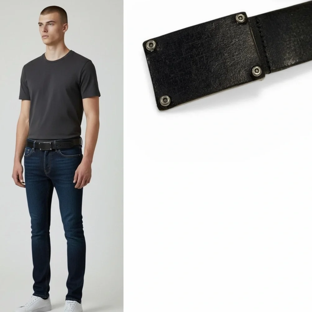 Vintage Aviator Black Leather Belt with Silver Plate Buckle